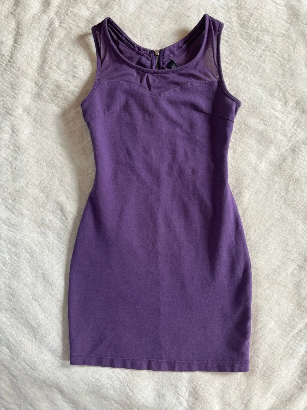 Guess Purple Bodycon Mini Dress Mesh Trim Zip Back Sleeveless Size Small